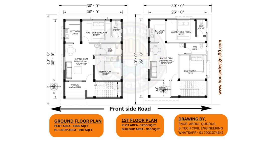 30’X40′ North Facing House Floor Plan