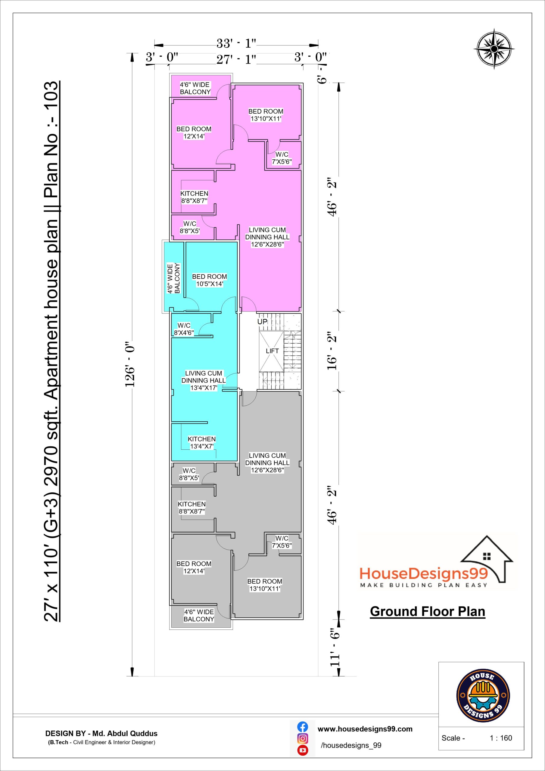 27′ x 110′ (G+3) 2970 sqft. Apartment house plan