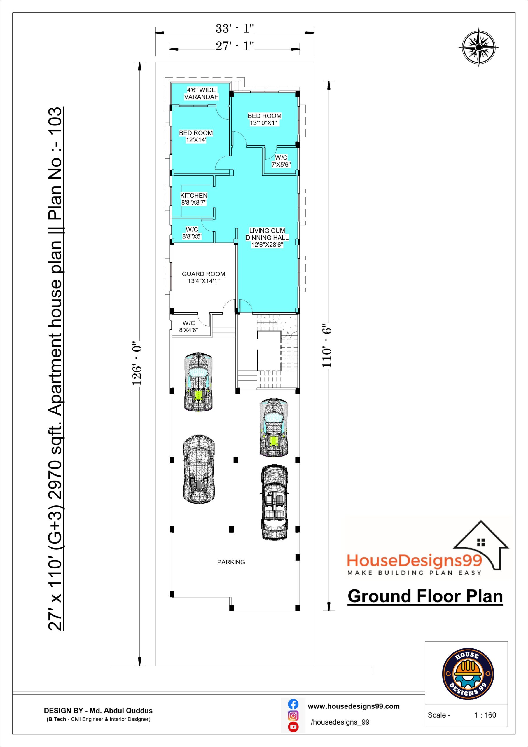 27′ x 110′ (G+3) 2970 sqft. Apartment house plan